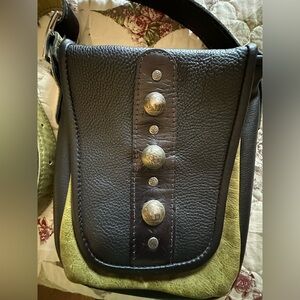 Black and Green Leather Shoulder Bag with Metal Accents